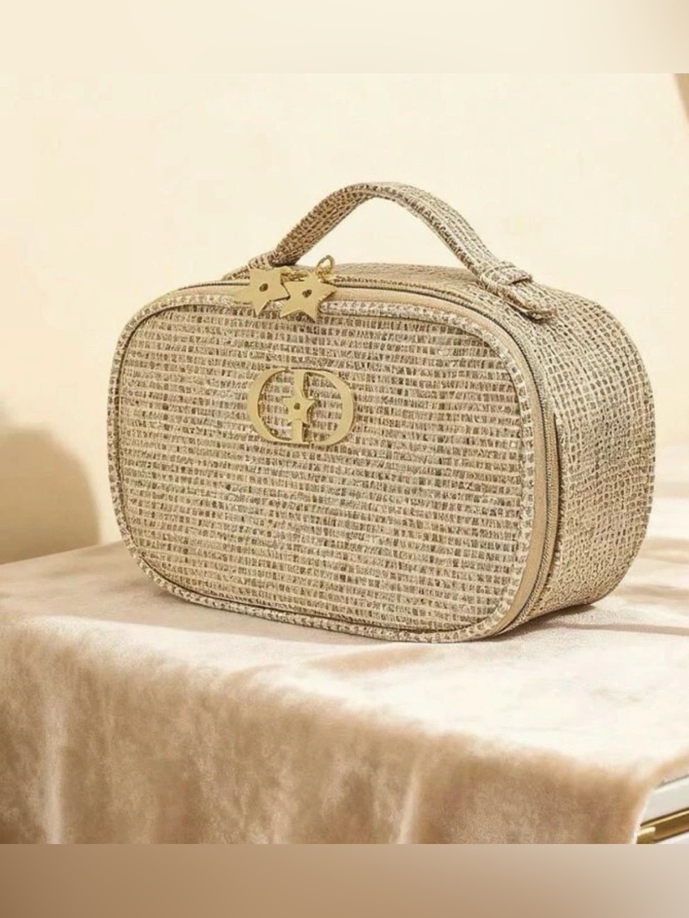💫 Sold💫 DIOR 2025 Holiday Metallic Gold Woven Mini Top-Handle Cosmetic Bag